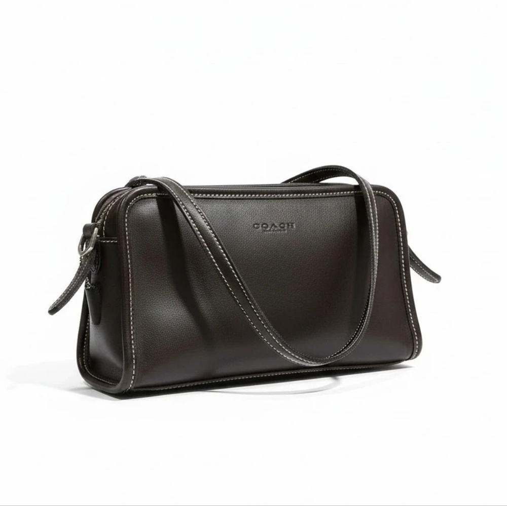 Coach Vintage 9138 Black Leather Shoulder Bag with White Contrast Stitching